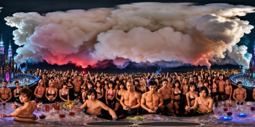 Exquisite ultra high-res anime soiree, thirty shirtless figures mingling amidst neon smoke and shimmering glassware, enveloped by intricate decor and a blackout-drunk ambience, embodying a vibrant party atmosphere brimming with social immersion and lively revelry in flawless detail.