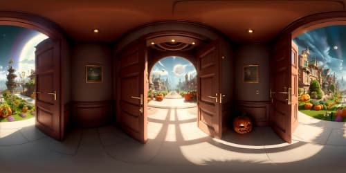 Masterpiece VR360 panorama, Zootopia-inspired Halloween. Ultra-high-res, moonlit metropolis, streets glowing in pumpkin hues. Fantastical architecture silhouettes against ominous sky, creating eerie ambiance. Engrossing Pixar-style details, immersive VR360 animation.