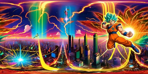 Epic battle scene set in a futuristic, high-tech metropolis, illuminated by neon lights and towering holograms, showcasing Super Saiyan Goku in a dynamic pose, surrounded by debris, energy blasts, and a dramatic, fiery explosion, captured in extreme detail and vibrant color, ready to be brought to life in majestic high resolution.