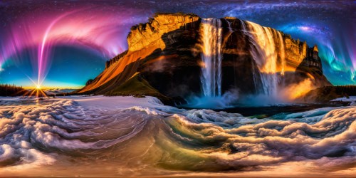 A breathtaking, flawless digital painting of a magnificent otherworldly landscape with colossal crystalline formations, cascading waterfalls, swirling auroras, and a vivid, starlit sky captured in ultra high resolution.