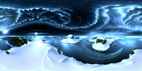 endless frozen blizzard ocean at night with thunder and lightning storm and large crashing waves