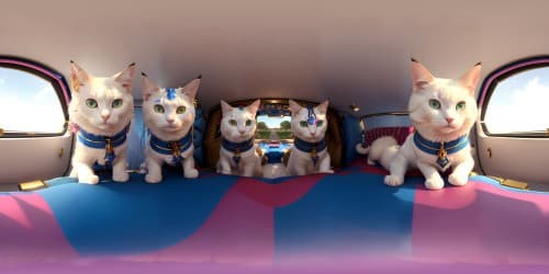 Masterpiece VR360, ultra-high resolution. Five royal figures, white fur with pink touches. Glossy red lips, diverse alluring blue eyes, golden tresses. Unique postures, raised arms. Special attention to armpits, cat-like ears. Photorealistic VR360, superior detailing. Exuberant smiles.