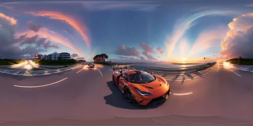 Cars and motorcycles on the seaside highway (orange and pink sky)