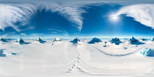 VR360 mountain peak, pristine snow, sunlight sparkles on ice crystals, clear blue sky with wispy clouds. VR360 panoramic view, ultra HD, grandeur of nature, captivating light play. Artistry in every pixel, breathtaking masterpiece. Style: Hyperrealism, clean lines, vivid colors.