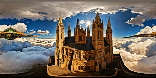 A majestic, awe-inspiring cathedral with soaring spires, intricate stained glass windows, shimmering golden accents, and a sun-kissed courtyard, rendered in flawless ultra-high resolution 3D detail, a digital masterpiece of architectural beauty and grandeur.