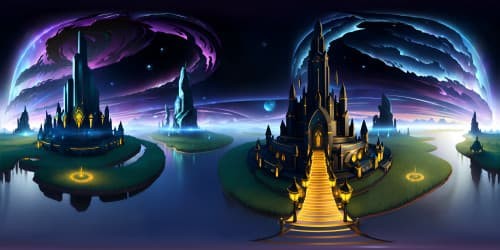 VR360 Sword Art Online-inspired landscape, luminescent crystal towers, interwoven pathways, ethereal floating islands, shimmering lakes, subtle Aurora Borealis. Animated style, high-contrast color palette, intricate detailing, master-crafted quality, ultra-high resolution.