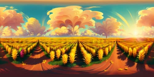 VR360, state-of-the-art, perfection, ultra high resolution, golden wheat fields shimmering in sunlight. Surreal art style, vast, unending VR360 panorama, soft pastel hues.