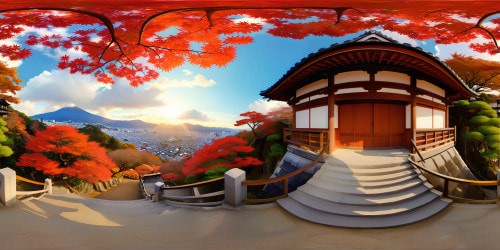 a classic view from Kiyomizu-dera temple, Kyoto in Autumn. With the red Koyasu pegoda on the right. Dreamy Studio Ghibli style illustration.