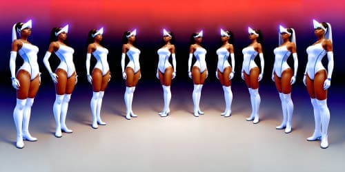 four women wearing white leotards with thigh high boots. they are evil sorceresses'. they are african american women