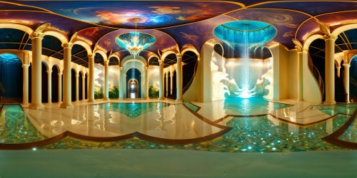 Immersive VR360 opulent Water Room with shimmering liquid walls, flawless marble floors, and intricate mosaic ceilings under cascading chandeliers. A grandiose, endless underwater palace exuding seductive, subtle lighting effects, epitomizing a digital painting masterpiece in ultra high resolution.