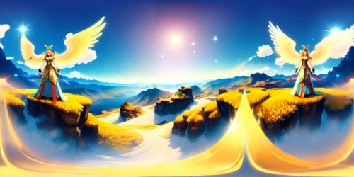 three female angels wearing white leotards with gold trim_they have golden wings_the women have gold halos over their heads_one woman has dreadlocks_