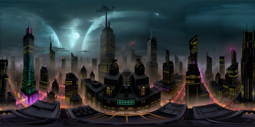 Gotham City skyline, ultra-high res, silhouette of eerie skyscrapers, fog-wrapped buildings, neon signs bathed in rain, glowing moon overhead, inky black sky punctuated by stars. VR360 view, noir-style, enhancing the Batman universe, VR360 graphic novel illustration style.