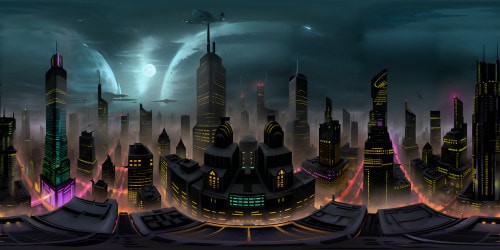 Gotham City skyline, ultra-high res, silhouette of eerie skyscrapers, fog-wrapped buildings, neon signs bathed in rain, glowing moon overhead, inky black sky punctuated by stars. VR360 view, noir-style, enhancing the Batman universe, VR360 graphic novel illustration style.