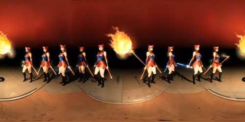 five african american women and one asian woman wearing red leotards with thigh high boots. one woman is carrying a large glowing hammer.one woman has dreadlocks.they have pretty faces. 