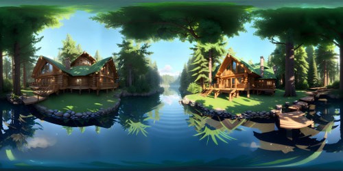 Ultra high-res VR360, rustic wooden lake house, precision craftsmanship, striking architectural elements. VR360 lake view, serene, mirror-like water surface. Backdrop of dense woodland, early morning sunrise. Stylistic blend of realism, digital painting.