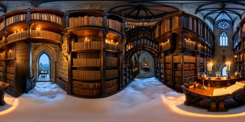 Immaculate medieval alchemist's laboratory, with towering bookshelves filled with ancient tomes, intricately crafted equipment, illuminated by flickering candlelight, creating an ambiance of secretive wisdom and enchantment, all in mesmerizing ultra-high resolution.