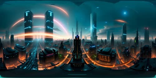 VR360 perspective, sci-fi metropolis, neon vibrancy, star-filled expanse. Dystopian splendor, towering edifices, floating platforms sequences. Metallic minimalism, light-bending surfaces. Masterpiece-grade, ultra-high res texture quality, futuristic city immersion. VR360 setting, ultra-detailed, spellbinding.