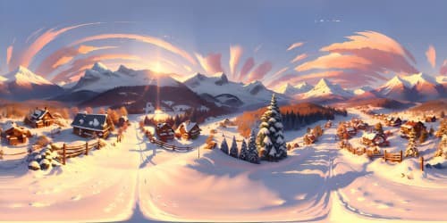 Ultra-high-resolution VR360, timeless masterpiece, snow-capped peaks, vivid sunset palette. Melding Pixar-style, French Impressionism. Breathtaking VR360 backdrop, mountain silhouette, incandescent twilight.
