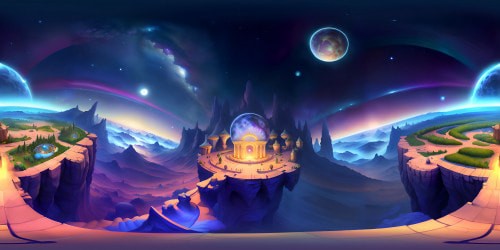 VR360, masterpiece quality, ultra high-res, impressive digital artistry. Da Vinci-inspired background, vast celestial dome, star-lit sky, intricate cosmic bodies. Foreground, minimalistic, polished stone platforms. Style, photorealistic, hyper-detailed, immersive VR360.