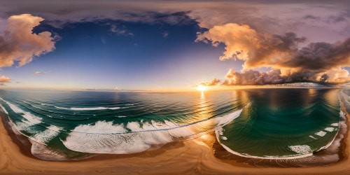 A flawless masterpiece of a golden sandy beach at sunset, where vibrant hues paint the sky in pastel tones, casting long shadows over gentle waves, all encapsulated in an ultra-high-res panoramic view.