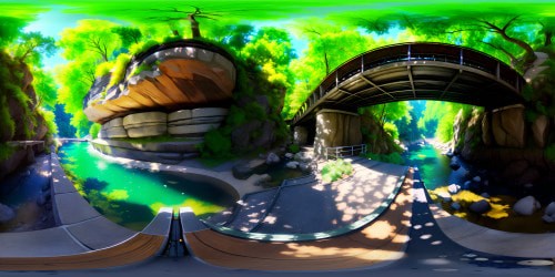 VR360 scene: swift-flowing river, crisp evergreens, over flat cement bridge. Ultra-high resolution, masterpiece quality. VR360 encapsulating constant motion, lush green hues, structured lines. Style: Best in class, photorealistic, exquisite detail.