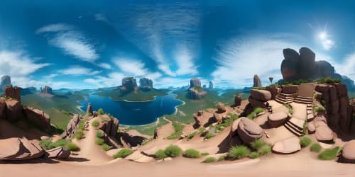 VR360 ultra-high resolution, focus on flawless quality, breathtaking artistry. VR360 landscape filled with colossal, artistically sculpted mountains, reminiscent of provocative shapes. Communicate grandeur, aspiration, and depth in a surreal style.