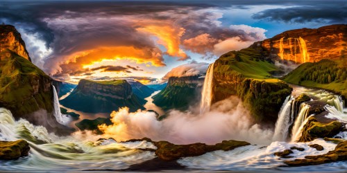 A majestic Norse-inspired realm, a gleaming golden Valhalla amidst towering mountains, cascading waterfalls, billowing storm clouds, epic sunset, ultra-high resolution, breathtaking detail.