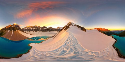 A flawless masterpiece: a majestic snowy mountain oasis at sunset, with golden hues reflecting off icy peaks and serene, crystal clear lakes, offering an ultra-high-resolution view, the landscape perfectly detailed as though seen up close to the ground.