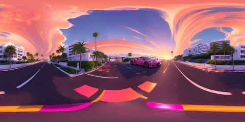 Grand Theft Auto big cars on the seaside highway of Miami (orange and pink sky)