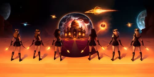 five evil female angels wearing tiny black leotards with red trim_they have golden wings_the women have gold halos over their heads_one woman has dreadlocks_two of the women are  african american_they are flying_one woman is carrying a flaming green hammer.