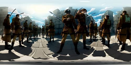 Attack on Titan. Soldiers in dark brown JACKETS, white shirt. 2 swords in hand