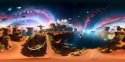 VR360 view, sweeping epic landscapes, ultra high-res textures, crisp, detailed. Hyper-realistic lighting effects, breathtaking expanse. Pastel-colored skyline, enigmatic nebula, whirling past in the distance. Inspiring, perfected VR360 panorama. Pixar-style vibrance, captivating visual spectacle.