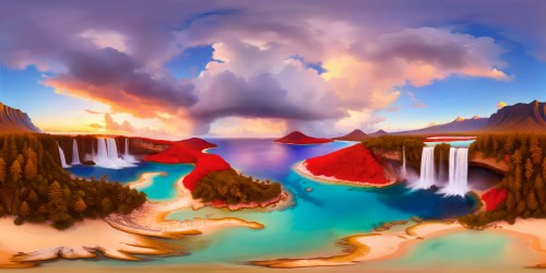 A flawless, ultra-high-resolution masterpiece capturing an idyllic paradise island, featuring cascading waterfalls, crystalline lagoons, golden beaches, vibrant coral reefs, and a sky awash in dreamy pastel hues, meticulously crafted for the ultimate viewing immersion in stunning 8K resolution.