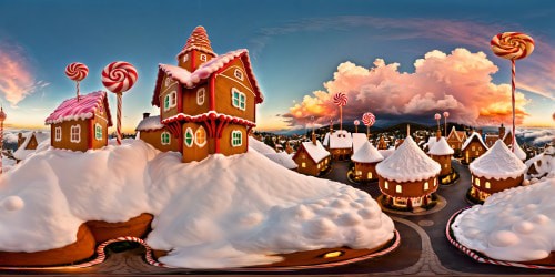 A fantastical gingerbread village with candy cane lampposts, frosting roofs, gumdrop pathways, lollipop trees, and a cotton candy sky, in mesmerizing ultra-high resolution, a confectionery masterpiece.