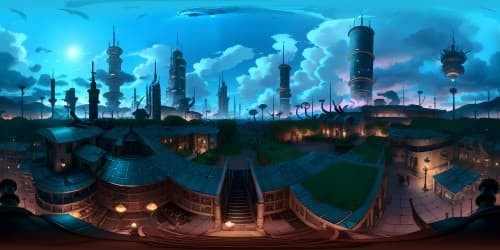 Ultra high resolution, masterpiece quality, Midgar cityscape, Final Fantasy VII inspired, Shinra tower dominant. In the VR360 view, hint at characters: Tifa, Aerith, Cloud, Sephiroth, Barret, Yufi, Red 13, Vincent, their iconic elements subtly represented. Deeply immersive, action RPG style, atmospheric palettes, intricate detailing, anime-style