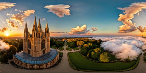 A breathtaking cathedral at golden hour, intricate stained glass reflecting vibrant colors, towering spires reaching into a pastel sky, casting long shadows over lush, ancient gardens.