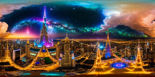 A celestial megacity of ethereal design, towering spires soaring amidst a blanket of radiant stars, iridescent cosmic hues cascading over shimmering crystal palaces, the timeless heart of the cosmos captured flawlessly in ultra high resolution perfection.