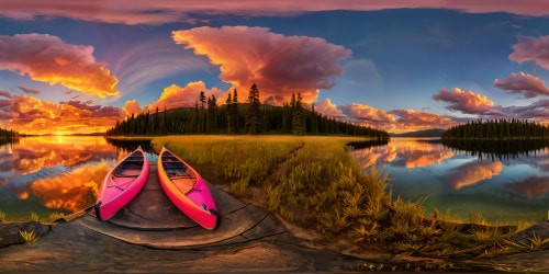 Bask in the golden hues of a flawless, ultra high-resolution sunset, painting the sky in shades of pink and orange, casting a warm glow over a serene lake where a canoe gently glides, under a stunning canopy of billowing, gorgeous clouds.