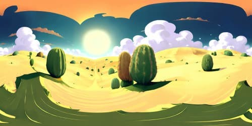 Ultra high res VR360 view, masterpiece desert panorama, best quality. Tall, stoic cacti silhouettes against vast sandy expanse. Golden hue, rippled dunes under brilliant azure sky.