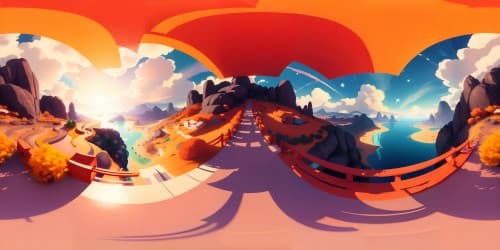 Masterpiece-quality, ultra high-res VR360 scene, ethereal sunset hues, watercolor-streaks sky, sapphire-blue to fierce-orange gradient. DaVinci style, chiaroscuro foreground elements, VR360 panorama of dusk.