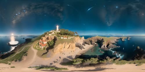 lighthouse on tiny island surrounded by deep blue sea with crashing waves at night with clear sky and shooting stars skyview