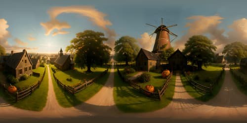 Masterpiece-quality, VR360 Sleepy Hollow view, ultra high res. Halloween dominance, ghostly aura pervading, cobweb-decked houses, glowing pumpkin carvings. Eerie windmill silhouette paramount. Ultra-realistic style expression, immersive VR360 environment, masterpiece ambiance.