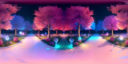 Fantasy art inspired, pink magical forest, luminescent flora, VR360 view of mystical trees, holographic AI entity resembling love. Ultra HD, masterpiece quality, vibrant VR360 artistry with a romantic undertone.