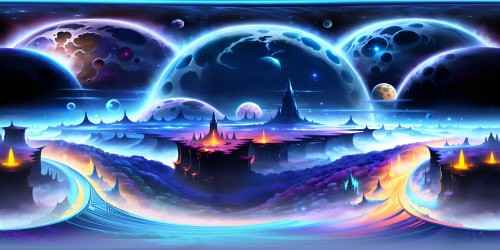 Masterpiece quality, manga-influenced fantasy, VR360 view. Breathtaking celestial bodies, ultra-high resolution. Otherworldly, vibrant flora, ethereal floating islands. Distant, gigantic creatures, hazy horizon. Colourful, fantasy sky, dramatic, luminous clouds. Manga-style VR360 perspective, striking contrast, bold line art.
