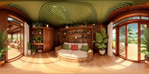 Ultra high res, rustic lounge, eclectic VR360 panorama, weathered wooden furniture, scrolling bookcase. Lush tropical plants, fern fronds, monstera leaves, bamboo shoots. VR360 perspective, masterpiece quality, old world charm, vintage aesthetics. Pixar-style vivid colors, detailed textures, welcoming ambience.