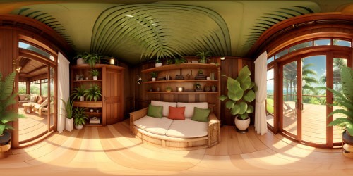 Ultra high res, rustic lounge, eclectic VR360 panorama, weathered wooden furniture, scrolling bookcase. Lush tropical plants, fern fronds, monstera leaves, bamboo shoots. VR360 perspective, masterpiece quality, old world charm, vintage aesthetics. Pixar-style vivid colors, detailed textures, welcoming ambience.