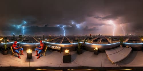 Spiderman on a Paris rooftop drinking beer and watching the lightning storm.