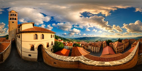 An ultra-high-resolution, flawlessly detailed replication of Monselice's historic city center, featuring meticulously recreated medieval buildings, cobblestone streets, bustling markets, vibrant terracotta rooftops under a cloudless Italian sky.