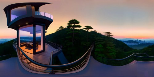 view from the balcony of an ultra futuristic Edo-modern inspired home on a densely forested hill of Japan, at dusk. Tranquil, uplifting atmostphere.