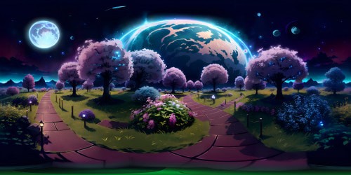 Alien planet, bioluminescent flora, glow in twilight, ultra high-res VR360, masterpiece quality, alien trees, twinkling, other-worldly flowers, luminescent bushes, fantasy art style VR360. Nebulae, distant galaxies, FX enhancement. Vibrant, surreal, twinkling starscape.